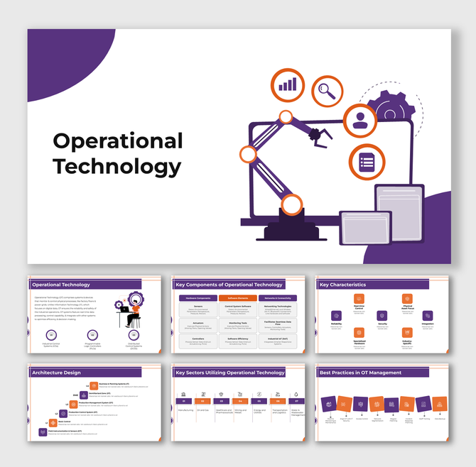 Robotic arm and dashboard illustration representing operational technology with analytics and process icons.