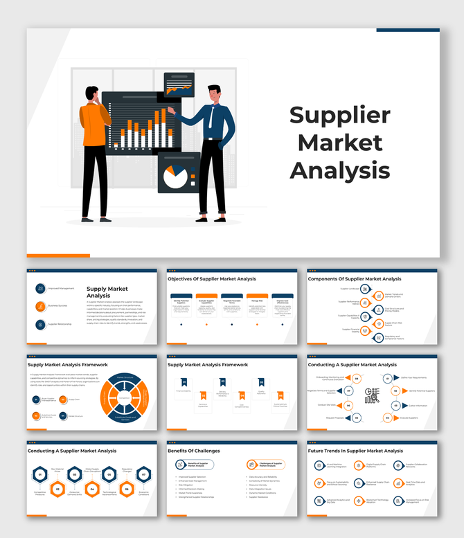 Slide set with frameworks, objectives, and analysis steps using icons, diagrams, and content placeholders.