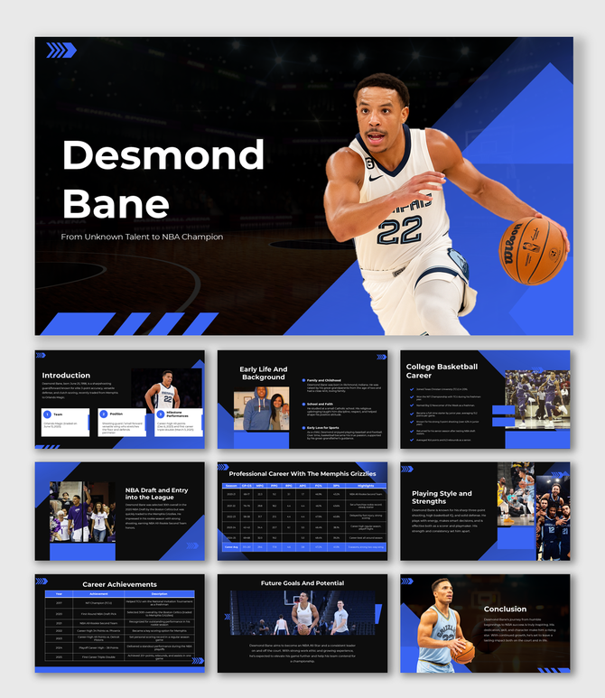 Basketball-themed presentation with Desmond Bane action photo and dark slide backgrounds with blue highlights.