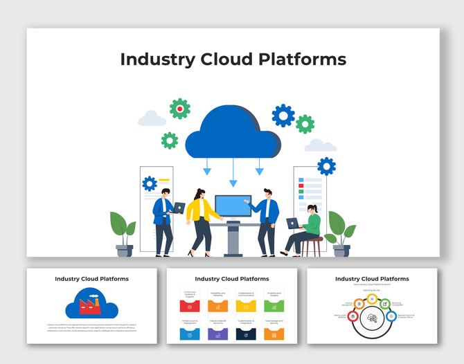Industry cloud platforms slide with team illustration, cloud icon, and gear visuals in a clean layout.