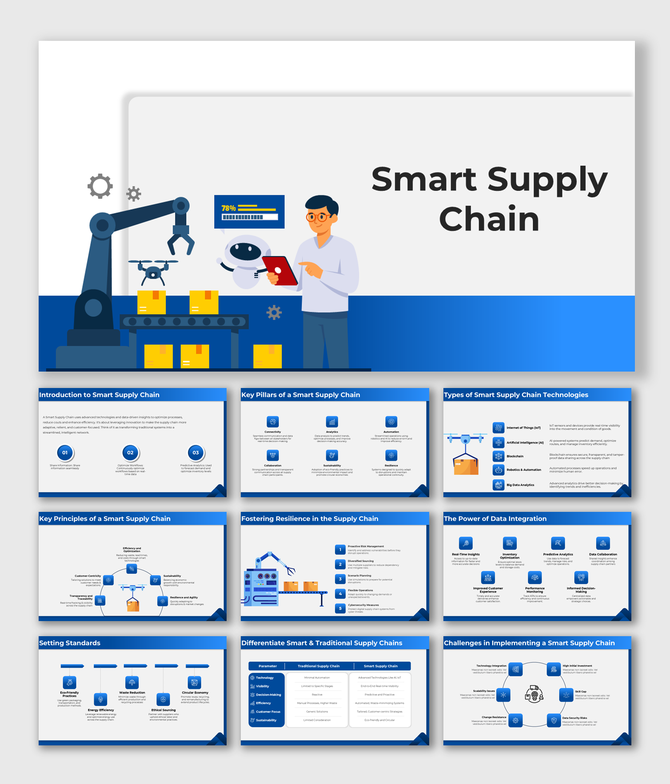 Smart supply chain slides with robotics, AI, and tech icons in a blue-themed infographic layout.