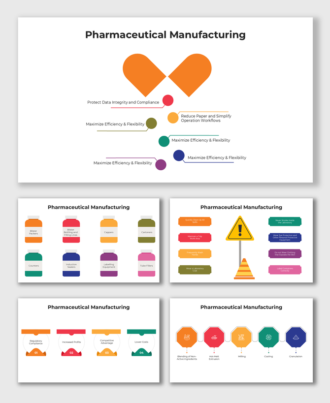 Pharmaceutical manufacturing slides with capsule-shaped icons and production process visuals.