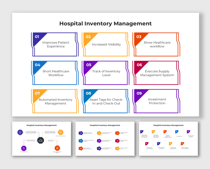 Color-coded slide on hospital inventory showing system benefits and management features.