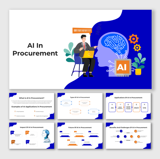 AI in procurement slides with human-AI interaction graphics, circuit visuals, and application icons.