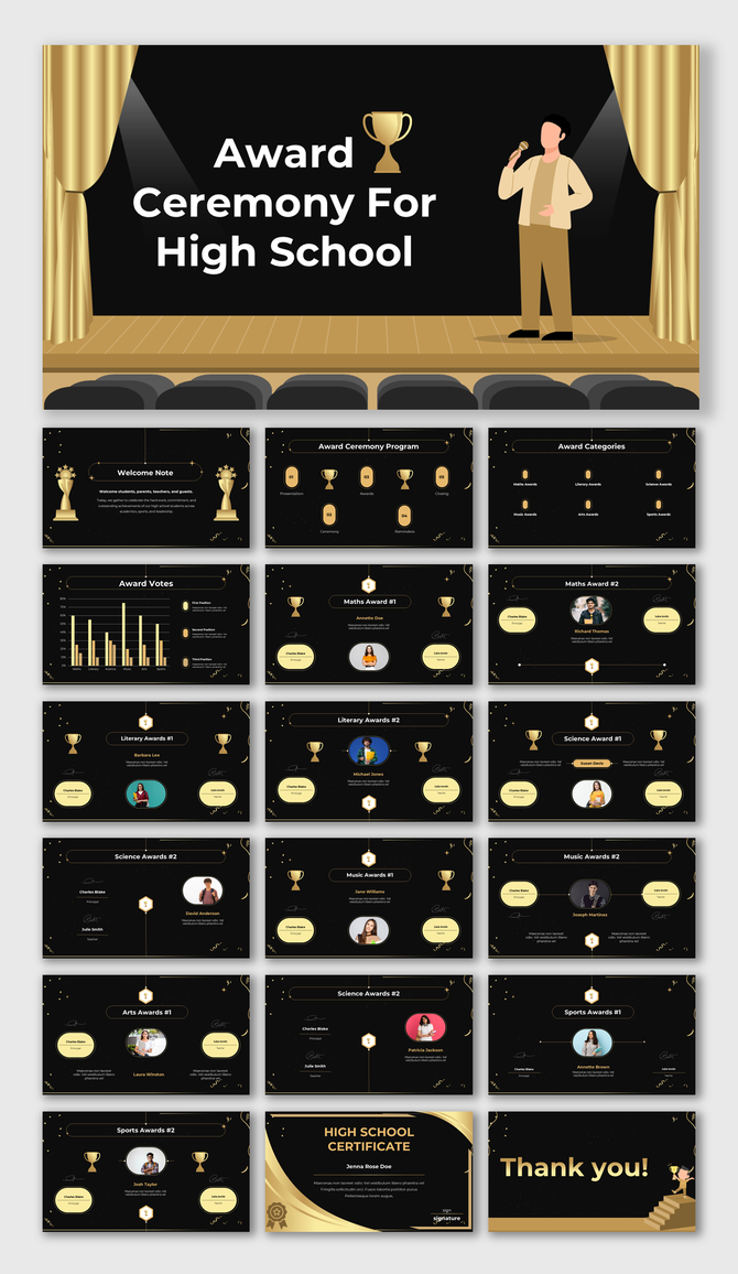 High school award ceremony slides with stage graphics, trophy icons, and student photo sections.