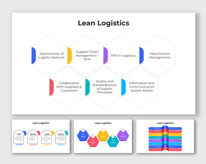 Lean logistics infographic with hexagonal layout showing optimization and process standardization topics.