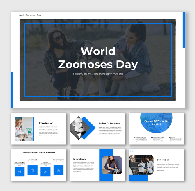 Two women with dogs featured on a health-themed slide deck promoting World Zoonoses Day and its awareness messages.