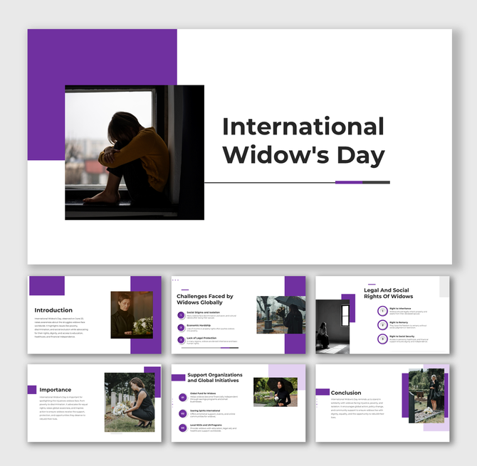 Woman sitting alone by window in purple-themed International Widow’s Day presentation with awareness visuals.