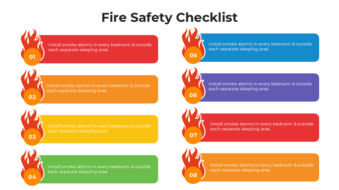 Fire Safety Checklist layout with eight colorful flames and repeated alarm installation reminders.