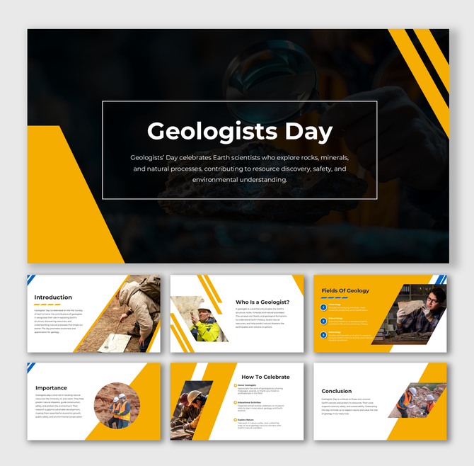 Geologist examining a rock sample with magnifying glass, set against bold yellow shapes.