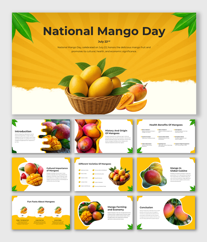 Basket of ripe mangoes with leaves on a bright yellow background celebrating National Mango Day.