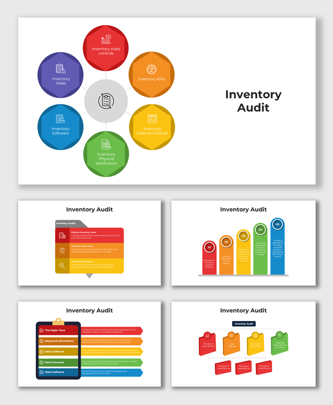 Inventory Audit chart with 6 color-coded circles, icons, and bold center icon showing key checks like KPIs, risks, and softwa