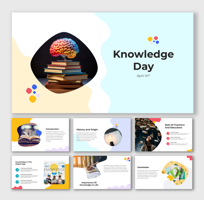 Knowledge Day slide with brain on stacked books, pastel wave shapes, clean layout, circular text holders, and color dots.