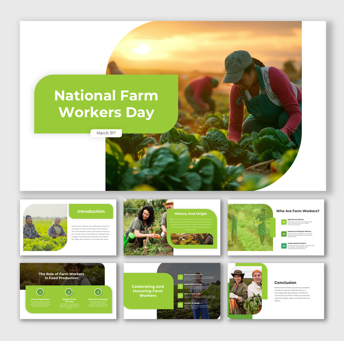 National Farm Workers Day presentation featuring farm labor photos, leafy crop visuals, and modern green-white slide layouts.