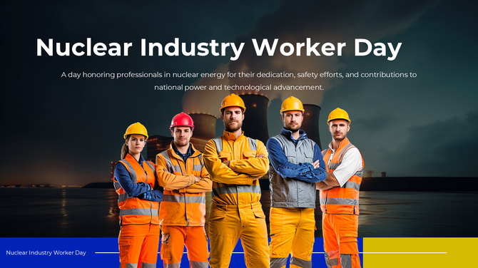 Nuclear Industry Worker Day poster with PPE-clad crew, industrial backdrop, centered title text, and bold color split footer.