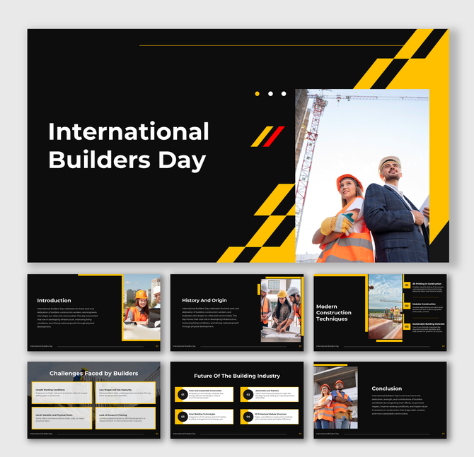 International Builders Day slide with engineers, crane, black-yellow layout, sharp blocks, and modern slide design.