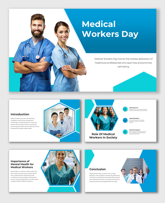 Medical Workers Day slide with smiling doctors, blue-white theme, bold title, hexagon photo frames, and clean text zones.