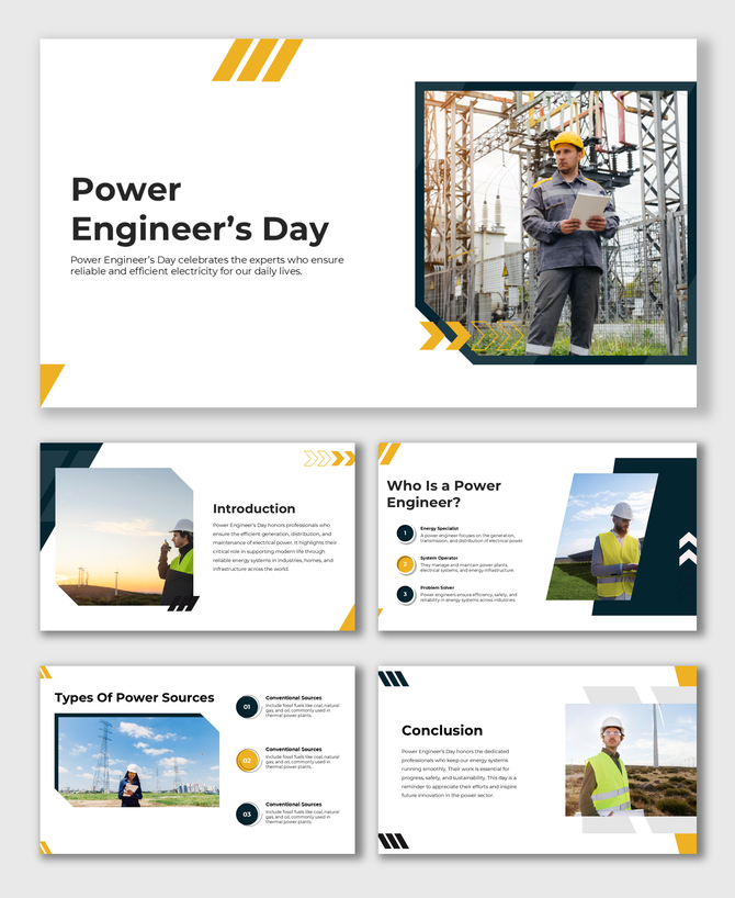 Power Engineers Day slide with engineer near power grid, white background, bold black title, and yellow arrow shapes.