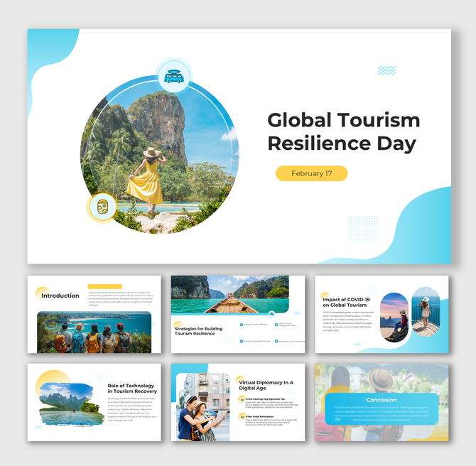 Global Tourism Resilience Day with beach photo, blue-yellow design, circular frames, and clear text sections.
