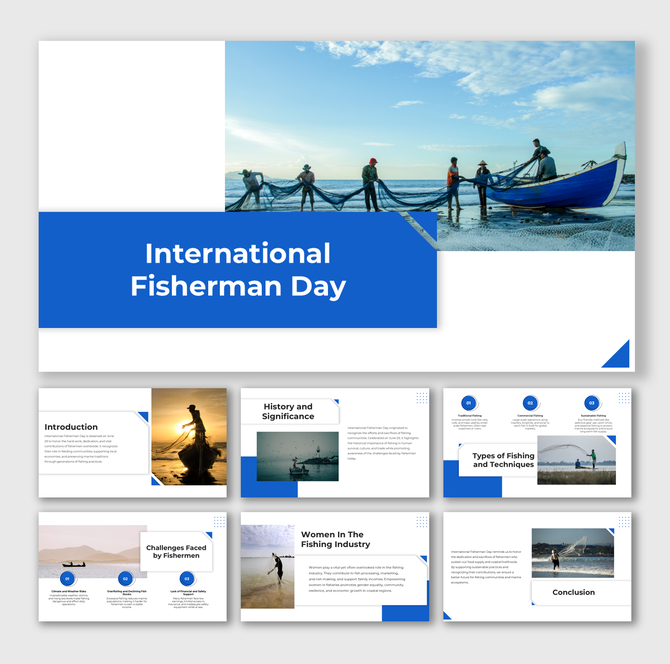 International Fisherman Day slide featuring fishermen at work, blue shapes framing the slide, and about the global impact.
