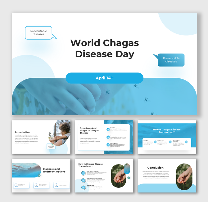 World Chagas Disease Day slide with mosquito image, blue theme, bold text, rounded shapes, text boxes for awareness and info.