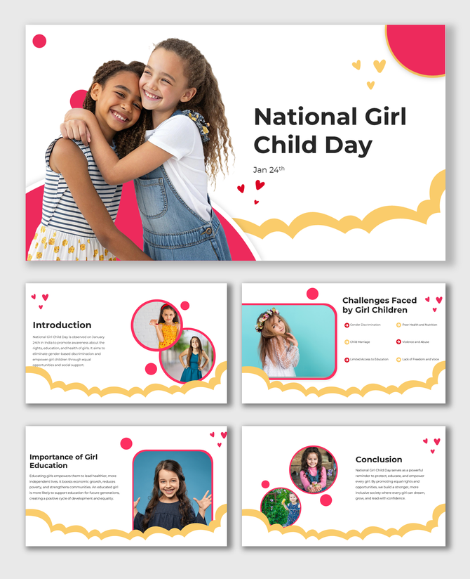 National Girl Child Day with smiling girls, pink and yellow shapes, intro, education importance, and challenges slides.