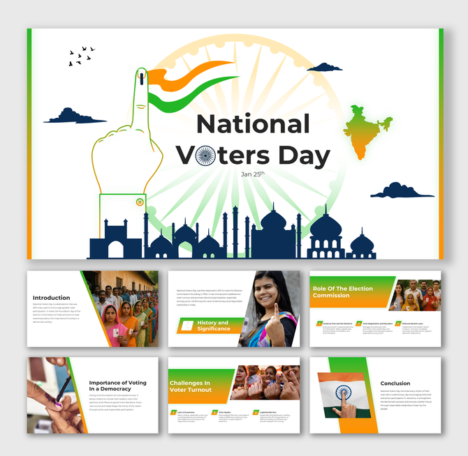 National Voters Day template with Ashoka Chakra, skyline of monuments, voters’ images, and green-orange design accents.