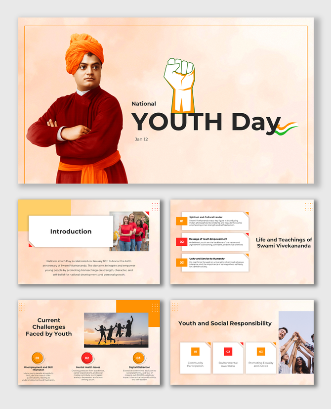 National Youth Day presentation showing teachings of Vivekananda, youth challenges, and group participation visuals.