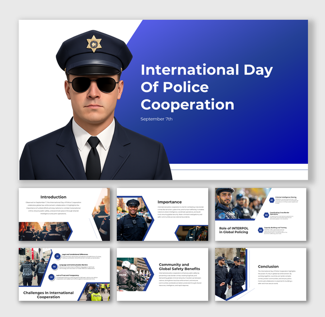 International Day Of Police Cooperation slides with officer in uniform, icons on safety and cooperation, and modern layout.
