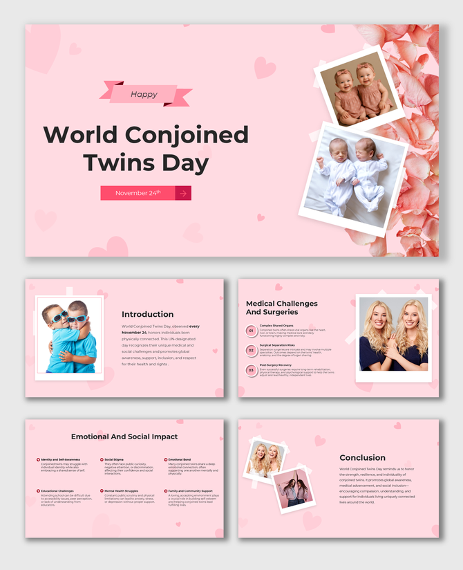 World Conjoined Twins Day deck featuring polaroid-style photos, rose petals, and info on surgery risks and post-care needs.