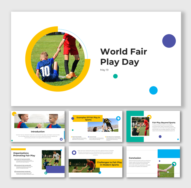 World Fair Play Day template showing teamwork in sports, yellow and blue design shapes, and examples of fair play actions.