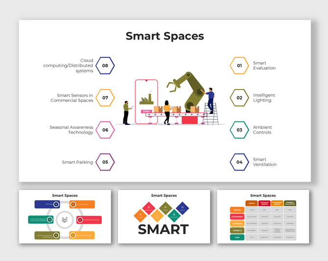 Smart Spaces featuring multi-color hex shapes and icons for IoT, seasonal awareness, parking, and intelligent lighting.