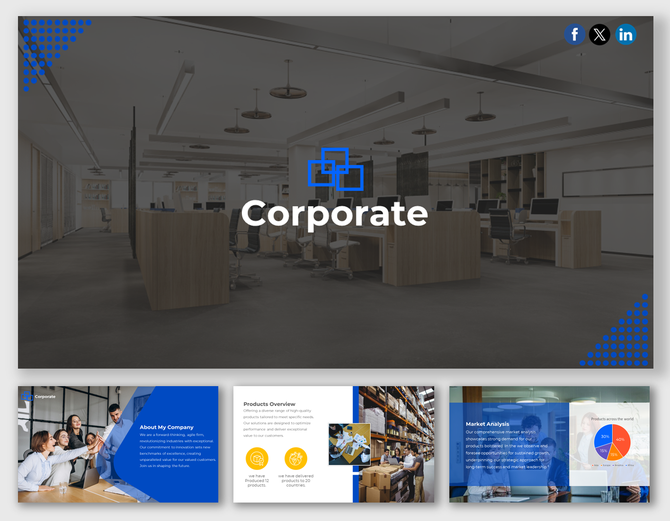 Set of professional corporate slides with a sleek office design, company overview, and market insights.