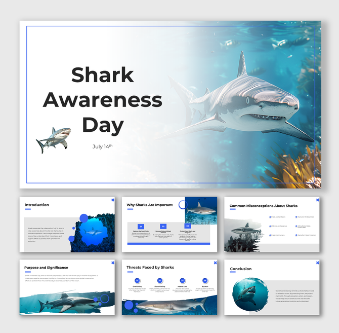 Shark Awareness Day slides with sharks, ocean scenes, blue accents, myths, threats, and shark conservation info.