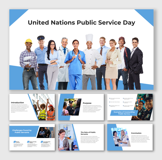 United Nations Public Service Day deck shows workers in uniform, uses blue color blocks, and honors public sector duties.