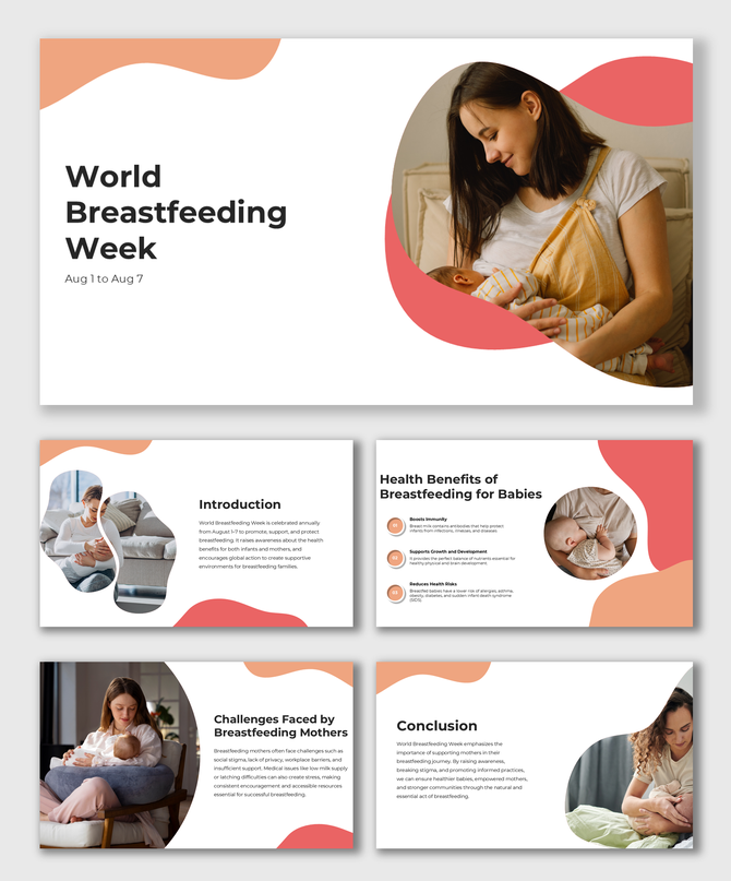 World Breastfeeding Week slides use bold black text, round image holders, soft coral tones, and caring mother visuals.