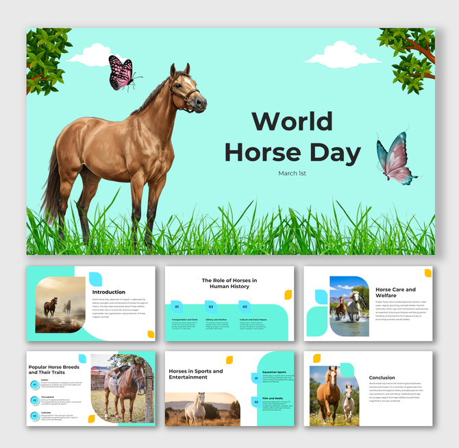 World Horse Day slides with brown horse, butterflies, green grass, blue sky, and curved shapes for text and images.