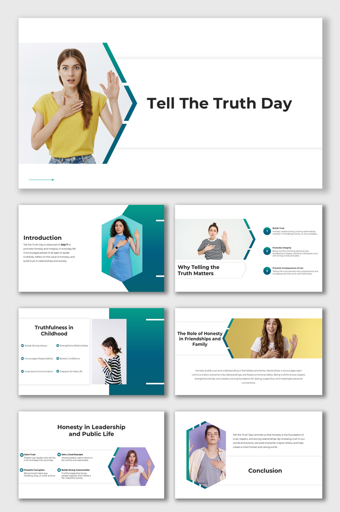 Tell The Truth Day slides with people pledging honesty, teal hexagon shapes, and a clean white layout.