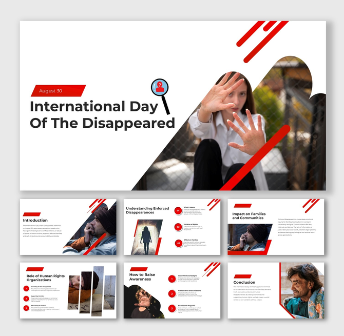 PPT on International Day Of The Disappeared using red-black theme, photo frames, text areas, and abstract line designs.
