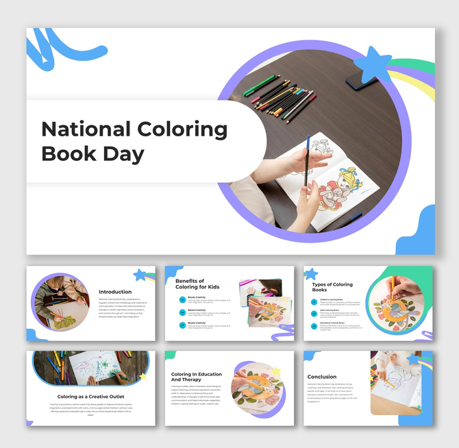 National Coloring Book Day presentation with circle frames, text holders, rainbow stars, and children coloring illustrations.
