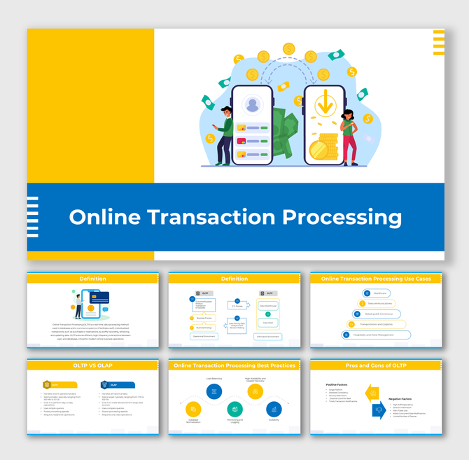 Online Transaction Processing visuals with people, mobile wallet icons, gold coin graphics, flow shapes, and colorful diagram