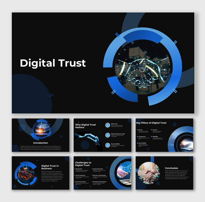 Digital Trust design showing trust handshake graphic, blue gradients, circular shapes, icons, and clean text box layouts.