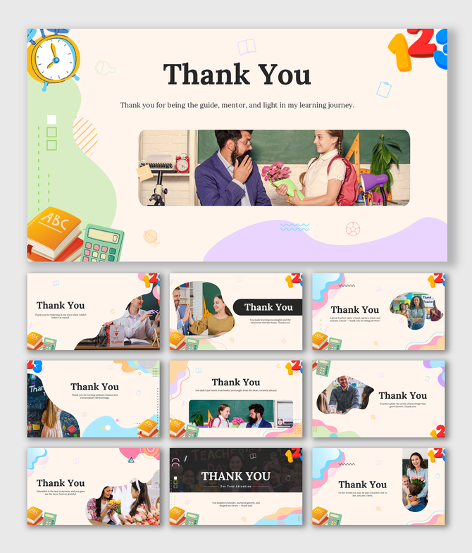 Student Teacher Thank You set features fun icons, calculator, books, wavy color blocks, and mentor appreciation text.