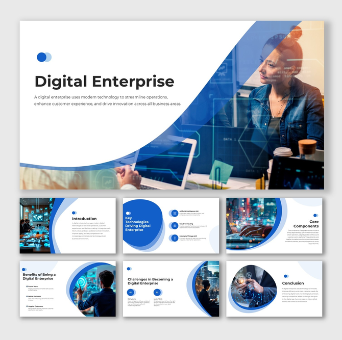 Digital Enterprise slides with laptops, business people, AI visuals, blue curved shapes, icons, and structured text holders.