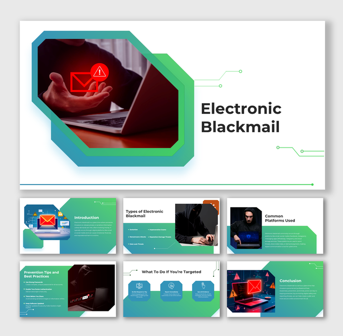 Electronic Blackmail slides with laptop, red warning email icon, green shapes, hacker visuals, and structured text boxes.