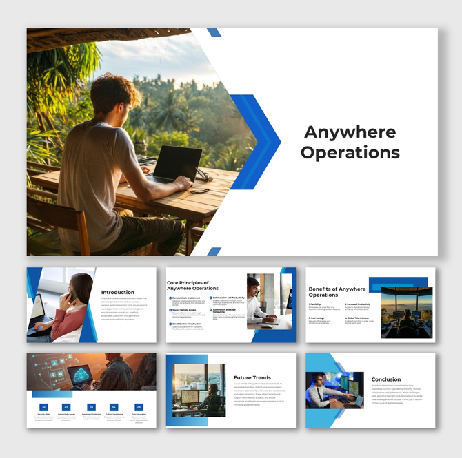 Anywhere Operations deck featuring laptop users, digital screens, blue-white theme, infographic icons, and clear text layouts