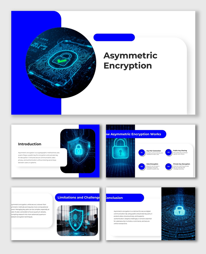 Asymmetric Encryption infographic with digital locks, shield visuals, glowing blue effects, numbered steps, and text holders.