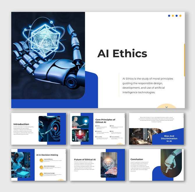 AI Ethics infographic with robots, AI fairness visuals, blue-white layouts, circular shapes, and process flow text holders.