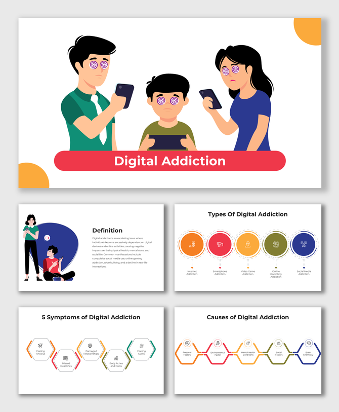 Digital Addiction deck showing parents and child addicted to screens, rainbow circle icons, hexagon shapes, and text boxes.