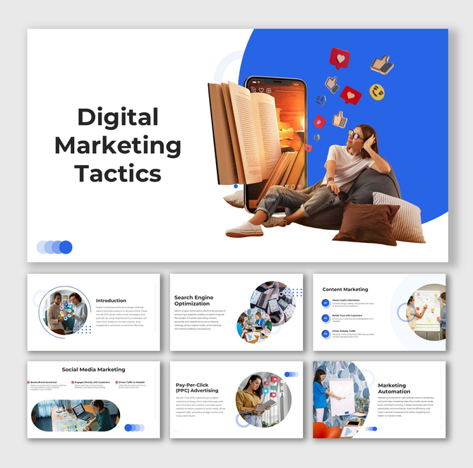 Digital Marketing Tactics design showing digital ads icons, phone-book visuals, modern blue shapes, and content text holders.